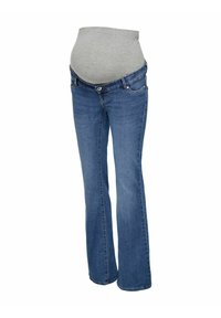 Jean de maternité bleu avec un panneau extensible gris conçu pour accueillir un ventre de femme enceinte, présenté sur fond blanc.