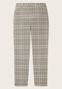 Pantalon beige et noir à carreaux, coupe ajustée, avec bouton devant, passants pour ceinture et jambes droites longueur cheville.