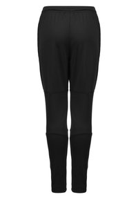 Zwarte sportbroek met een getailleerde pasvorm, gemaakt van rekbaar materiaal, met een elastische tailleband en accenten op de knieën.