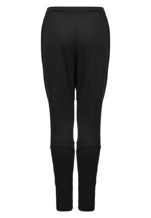 Black athletic pants with a tapered fit, made from stretchy material, featuring an elastic waistband and knee panel accents.