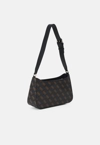 Shoulder bag in dark canvas with a repetitive logo pattern in brown. Features a flat base and adjustable black strap with silver hardware.