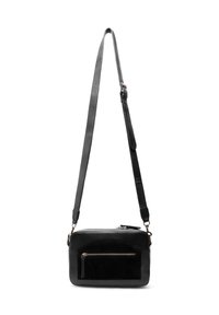 Musta nahkainen olkalaukku, jossa on sileä pinta, vetoketjullinen etutasku ja säädettävä hihna. Neliömäinen muotoilu minimalistisella designilla.