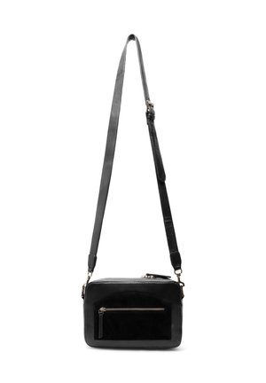 Zwarte leren schoudertas met een gladde afwerking, een ritsvak aan de voorkant en een verstelbare schouderband. Vierkante vorm met een minimalistisch ontwerp.