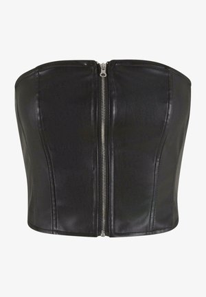 Top de corsé de cuero negro con un ajuste estructurado. Presenta una cremallera central de plata y detalles de costura a lo largo del cuerpo. Textura suave.