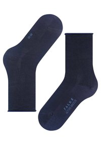 Granatowe skarpetki wykonane z gładkiego materiału z prążkowanym ściągaczem, z wzmocnionym palcem i piętą oraz nadrukowanym logo z boku.