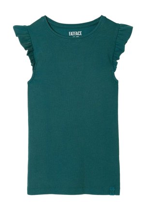 Tricou turcoaz cu mâneci scurte, striat, cu mâneci cu volane, decolteu rotund și o mică etichetă din material la tivul de jos.