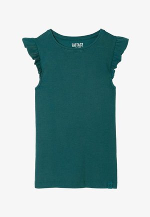 Türkiissinine lühikeste varrukatega soonikust särgi rüüsidega varrukad, ümmargune kaelus ja väike kangast silt alumisel äärel.