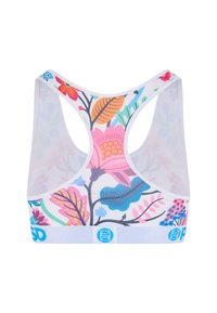 Sport-BH mit floralem Muster in Weiß mit Netzlook, mit rosa, blauen und grünen Elementen. Er hat ein hellblaues elastisches Band mit Logo.