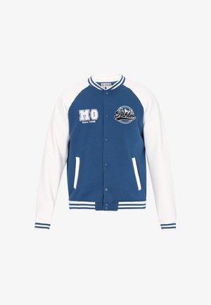 Blauwe varsityjas met witte mouwen. Voorzien van knoopsluiting, zijzakken en geborduurde logo's. Gestreepte geribbelde manchetten en zoom.