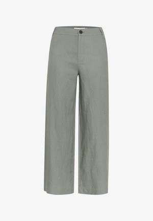 Heled hallid linased laiad püksid kõrge haardega, millel on ees nööpkinnis ja klassikalised taskud. Sujuv, tekstureeritud viimistlus.