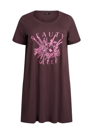 Tmavofialové šaty s krátkym rukávom, na prednej strane s ružovou kvetinovou grafikou a textom „Beauty Sleep“.