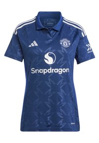 Maillot bleu de Manchester United par Adidas avec col polo, manches courtes, design texturé et accents de logo blancs. Taille S.