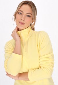 Gul fleece-pullover med halv-zip krave, lange ærmer og en blød tekstur. Har en stram pasform ved manchetterne og en glat overflade.
