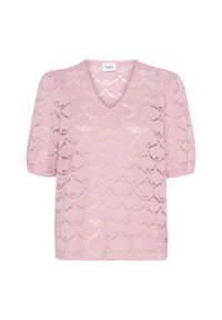 Top rosa con scollo a V e maniche corte a sbuffo. Realizzato in pizzo con un motivo scalloppato e una finitura leggermente lucida. Stile cropped.