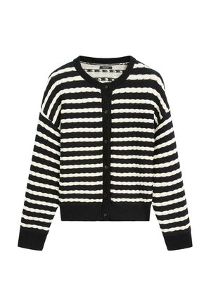 Cardigan rayé noir et blanc avec un col rond, des manches longues et une fermeture à boutons. Motif texturé, avec des poignets et un ourlet côtelés.