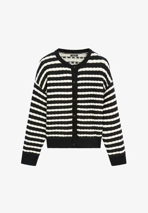 Černobíle pruhovaný kardigan s kulatým výstřihem, dlouhými rukávy a zapínáním na knoflík. Texturovaný vzor, žebrované manžety a lem.