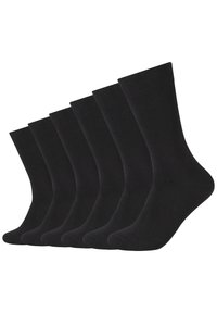 Schwarze Baumwollcrewsocken, Set von sechs. Glatte Textur, gerippte Bündchen, verstärkte Ferse und Zehen, klassisches Design ohne Muster.