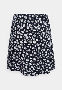 Jupe en coton évasée avec un fond bleu marine, affichant un motif de marguerites blanches. Tissu léger, longueur au-dessus du genou, taille élastique.