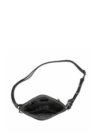 Borsa a tracolla nera in pelle, con chiusura a zip, tracolla regolabile e interno testurizzato con un design semplice.