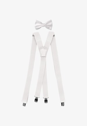 White suspenders made of textured fabric with adjustable clips and a matching patterned bow tie placed above.