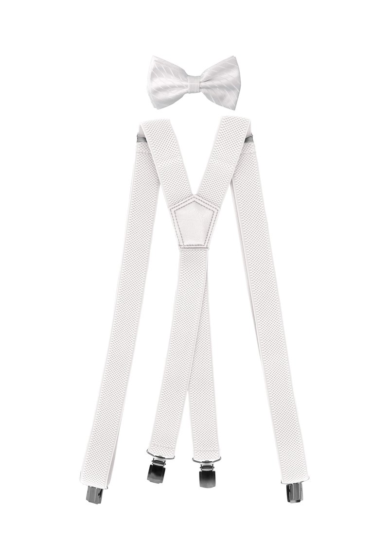 Weiße Hosenträger aus strukturiertem Stoff mit verstellbaren Clips und einer passenden gemusterten Fliege, die darüber platziert ist.