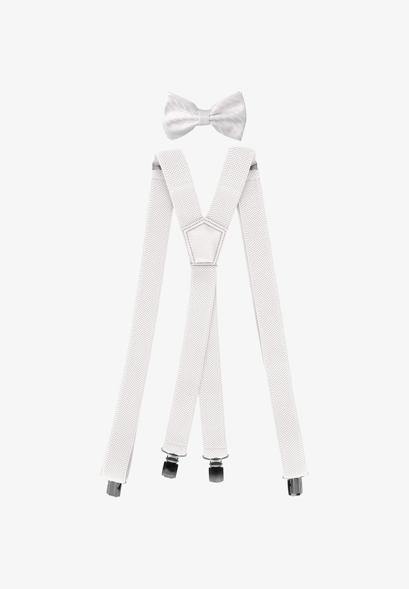 Weiße Hosenträger aus strukturiertem Stoff mit verstellbaren Clips und einer passenden gemusterten Fliege, die darüber platziert ist.
