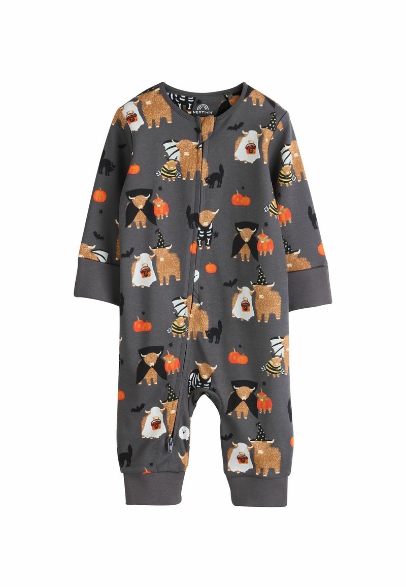 Grijze baby romper met speelse dierenpatronen, waaronder hooglandrunderen in kostuums en pompoenen, geschikt voor Halloween.