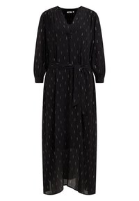 Černé šaty s dlouhým rukávem, výstřihem do V, staženým pasem a vzorem rozptýlených metalických akcentů po celé látce.