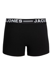 Boxer-shorts en coton noir avec une large ceinture élastique portant "JACK & JONES" en texte blanc et des rayures horizontales.