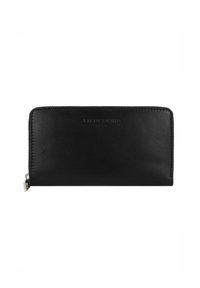 Portafoglio in pelle nera con una texture liscia, forma rettangolare e chiusura con zipper. Presenta un logo impresso sul davanti.