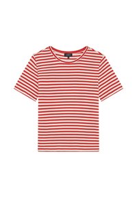 Rood en wit gestreept T-shirt gemaakt van katoen, met een ronde halslijn en korte mouwen, met evenwijdige horizontale strepen over de hele lengte.