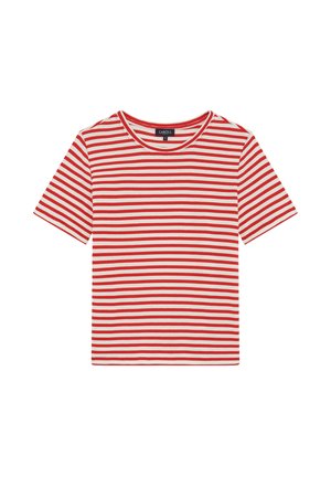 Rot-weißer gestreifter T-Shirt aus Baumwolle mit einem runden Ausschnitt und kurzen Ärmeln, mit gleichmäßigen horizontalen Streifen.