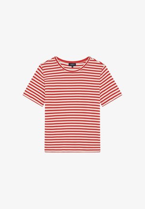 Rood en wit gestreept T-shirt gemaakt van katoen, met een ronde halslijn en korte mouwen, met evenwijdige horizontale strepen over de hele lengte.