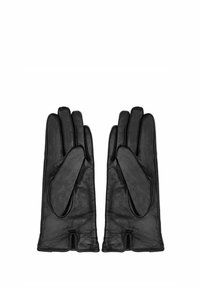 Czarne skórzane rękawiczki o gładkiej fakturze, z trzema palcami i wycięciem na nadgarstku, zaprojektowane z myślą o łatwym zakładaniu i swobodzie ruchów.