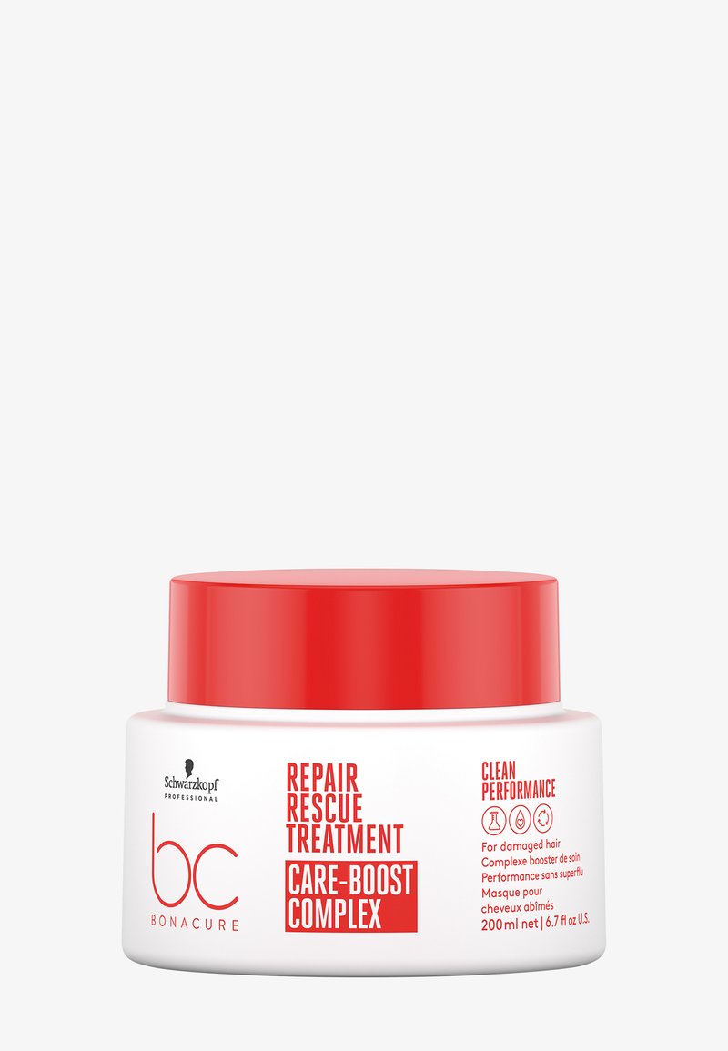 Barattolo bianco con coperchio rosso, etichettato "Repair Rescue Treatment Care-Boost Complex", contiene 200 ml; progettato per capelli danneggiati.
