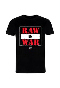 Zwart katoenen T-shirt met "RAW IS WAR" in dikke rode letters, omlijst door een wit kader, met een WWE-logo in rood en zwart aan de onderkant.