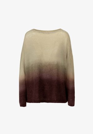Sweter dziany z długim rękawem, z beżową górą przechodzącą w ciemnobrązowy dół i rękawy, z okrągłym dekoltem.