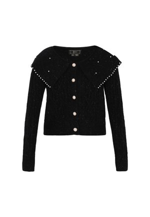 Sort strikket cardigan med en forkortet design, der har en stor krave og perle-lignende knapper. Dekorative nitter fremhæver kraven.