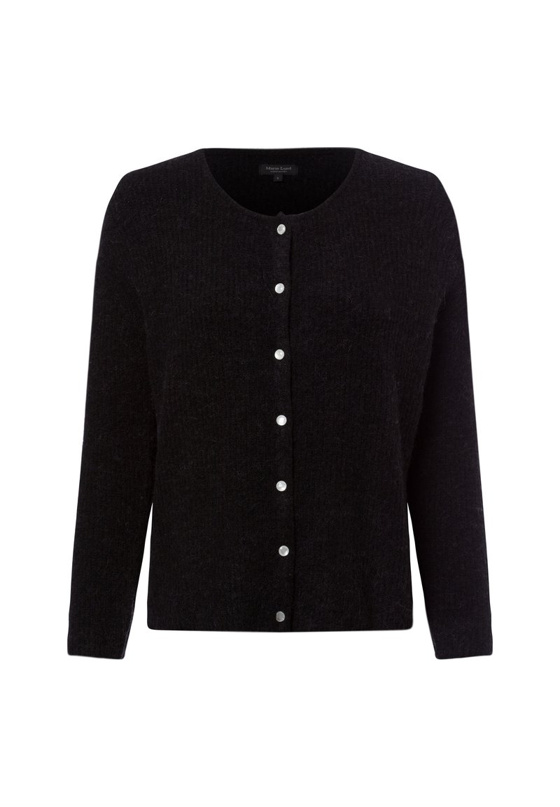 Schwarze Strickjacke aus strukturiertem Stoff, mit Rundhalsausschnitt, langen Ärmeln und sechs silbernen Knöpfen auf der Vorderseite.