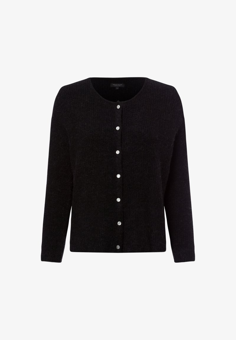 Schwarze Strickjacke aus strukturiertem Stoff, mit Rundhalsausschnitt, langen Ärmeln und sechs silbernen Knöpfen auf der Vorderseite.