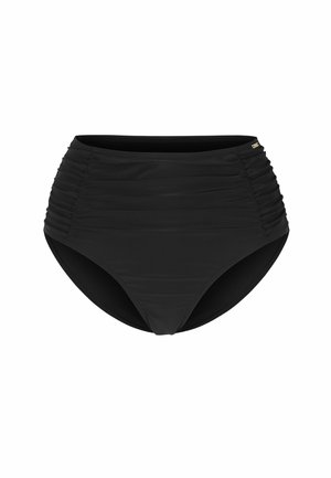 Zwarte, hoog uitgesneden bikinibroekje met geplooide zijkanten en een klein goudkleurig logolabel aan de rechterbovenkant.
