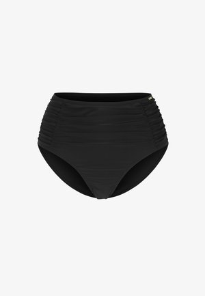 Musta, korkeavyötäröinen bikinialushousut, joissa on laskostetut sivut ja pieni kultainen logotunniste yläoikealla puolella.