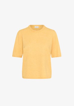 Korte mouwen, ronde hals pullover in lichtgeel, gemaakt van zacht gestructureerd materiaal met ribbelranden bij de hals en mouwen.