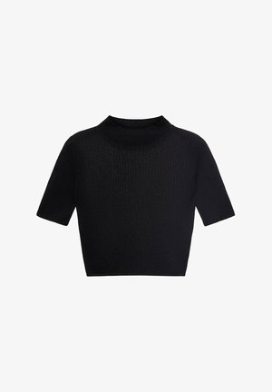 Top nero a maniche corte con texture a coste e collo alto. Design semplice, lunghezza cropped e senza hardware o dettagli visibili.