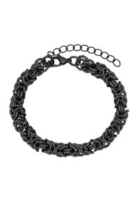 Bracciale in metallo nero con design a catena intrecciata. Presenta una chiusura a gancio e una catena regolabile con più anelli per la regolazione della misura.