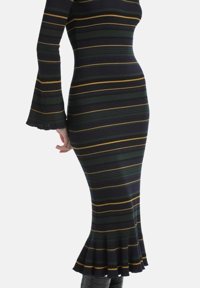 Ribotu megztinį su ilgomis varpų formos rankovėmis ir platėjančiu apvadu. Pasižymi žaliomis, geltonomis ir tamsiai mėlynomis horizontaliomis juostelėmis.