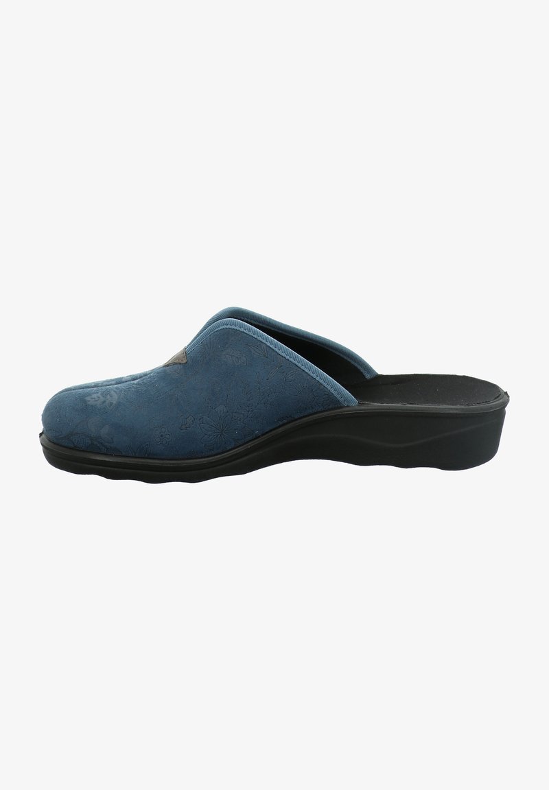 Blaue, mit Blumenmuster verzierte Slipper mit einer geformten schwarzen Sohle und einer gepolsterten Innensohle. Sie verfügen über eine abgerundete Zehenpartie und ein niedriges Absatzdesign.