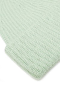 Bonnet tricoté vert clair avec une texture côtelée, présentant un revers plié. Fabriqué en fil doux avec une finition lisse et uniforme.