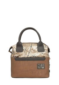 Braune und beige Handtasche mit einem strukturierten Lederboden, oberer Teil aus Stoff mit einem von der Natur inspirierten Druck, zwei stabilen Tragegriffen und Reißverschluss.