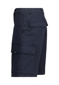 Short cargo bleu marine avec poches à rabat sur les côtés et à l'arrière, passants de ceinture et coutures droites.